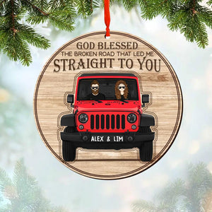 Personalized God Blessed The Broken Road That Led Me Straight To You Jeep Couple Christmas Wood Ornament Printed QTDT1010