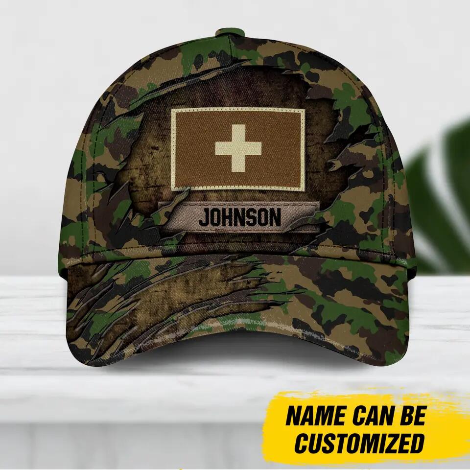 Personalized Swiss Veteran Camo Rank Peaked Cap 3D Printed QTDT1410