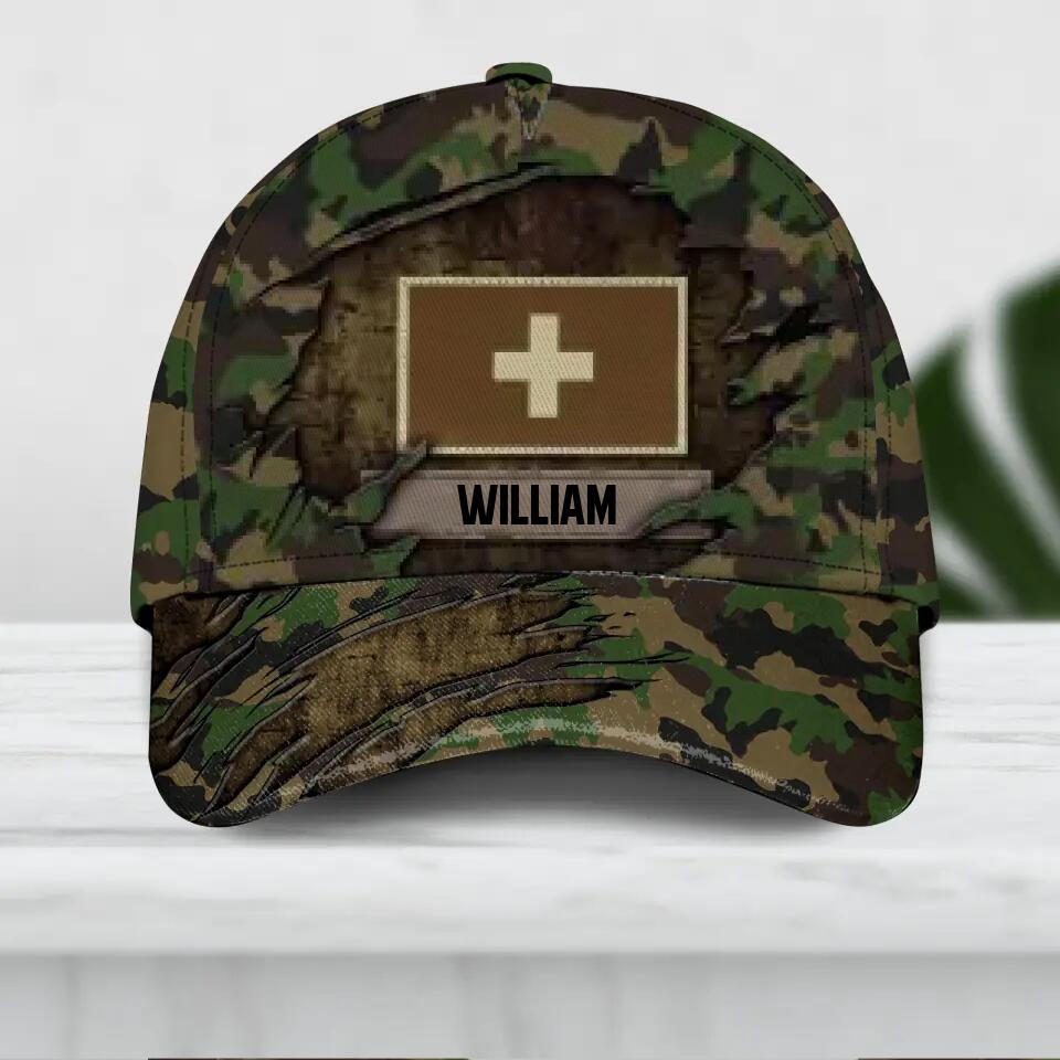 Personalized Swiss Veteran Camo Rank Peaked Cap 3D Printed QTDT1410