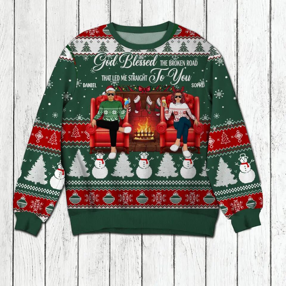 Personalized God Blessed The Broken Road That Led Me Straight To You Couple Christmas Sweatshirt Prined QTDT1510