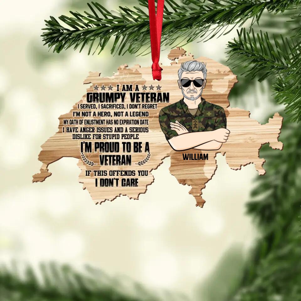 Personalized I'm A Grumpy Swiss Veteran I'm Proud To Be A Veteran Camo Rank Christmas Wood Ornament Printed 22OCT-DT17