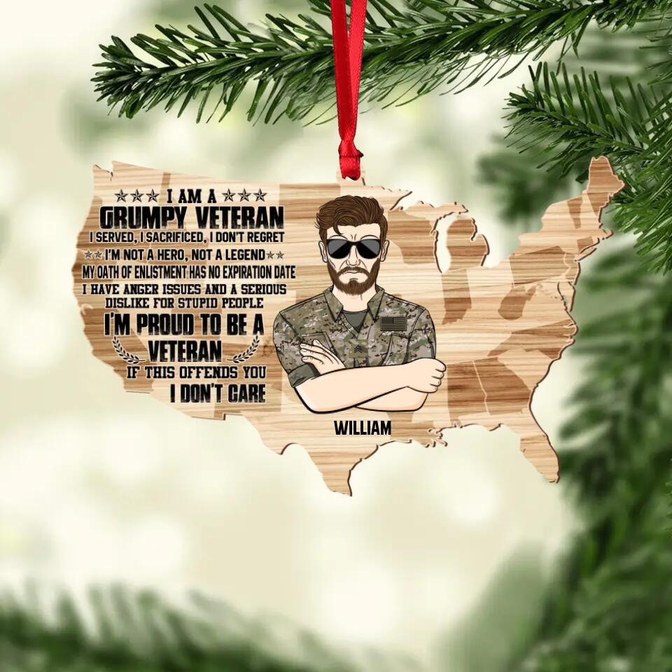 Personalized I'm A Grumpy US Veteran I'm Proud To Be A Veteran Camo Rank Christmas Wood Ornament Printed 22OCT-DT17