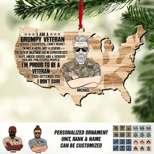 Personalized I'm A Grumpy US Veteran I'm Proud To Be A Veteran Camo Rank Christmas Wood Ornament Printed 22OCT-DT17