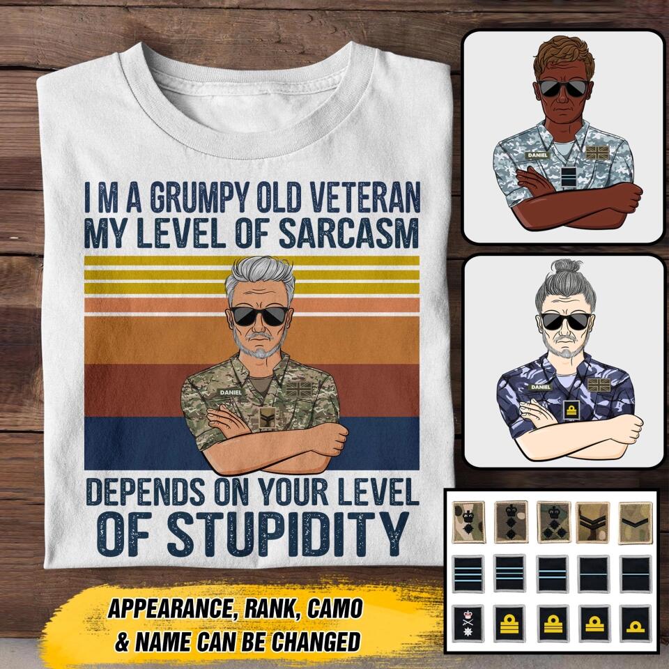 Personalized I'm An Uk Grumpy Old Veteran My Level Of Sarcasm Depends On Your Level Of Stupidity Camo Uniform Tshirt Printed 22OCT-HY19