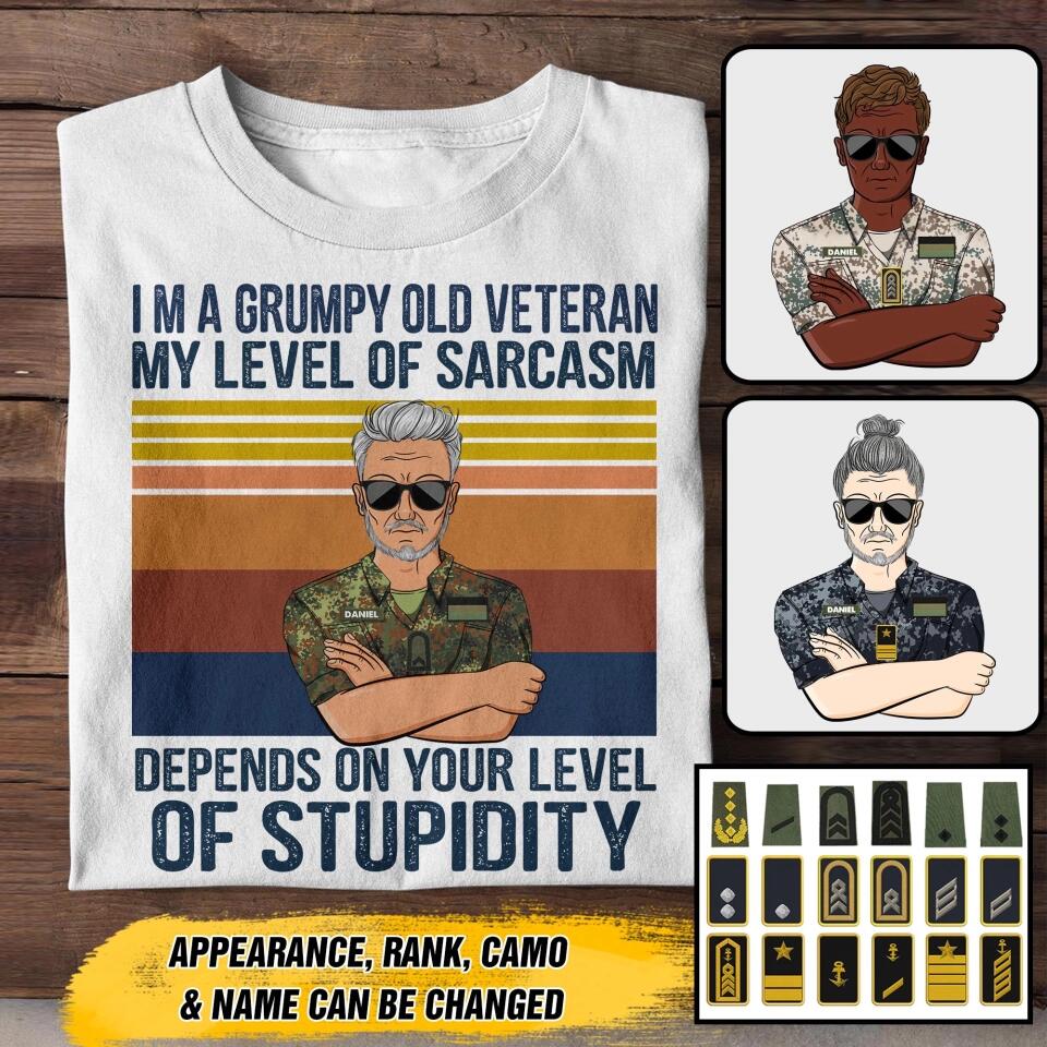 Personalized I'm A German Grumpy Old Veteran My Level Of Sarcasm Depends On Your Level Of Stupidity Camo Uniform Tshirt Printed 22OCT-HY19