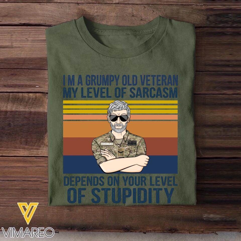 Personalized I'm An Uk Grumpy Old Veteran My Level Of Sarcasm Depends On Your Level Of Stupidity Camo Uniform Tshirt Printed 22OCT-HY19