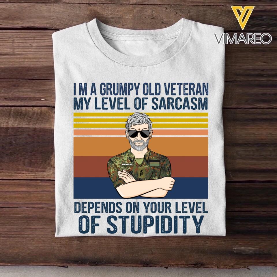 Personalized I'm A German Grumpy Old Veteran My Level Of Sarcasm Depends On Your Level Of Stupidity Camo Uniform Tshirt Printed 22OCT-HY19
