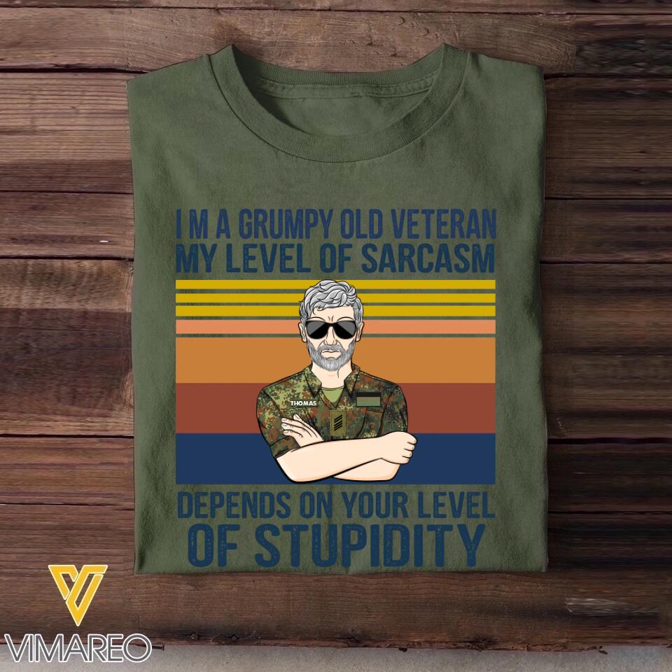 Personalized I'm A German Grumpy Old Veteran My Level Of Sarcasm Depends On Your Level Of Stupidity Camo Uniform Tshirt Printed 22OCT-HY19