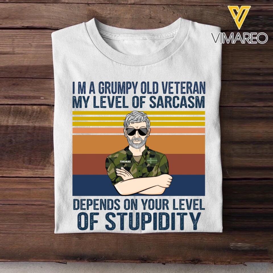Personalized I'm A Sweden Grumpy Old Veteran My Level Of Sarcasm Depends On Your Level Of Stupidity Camo Uniform Tshirt Printed 22OCT-HY19