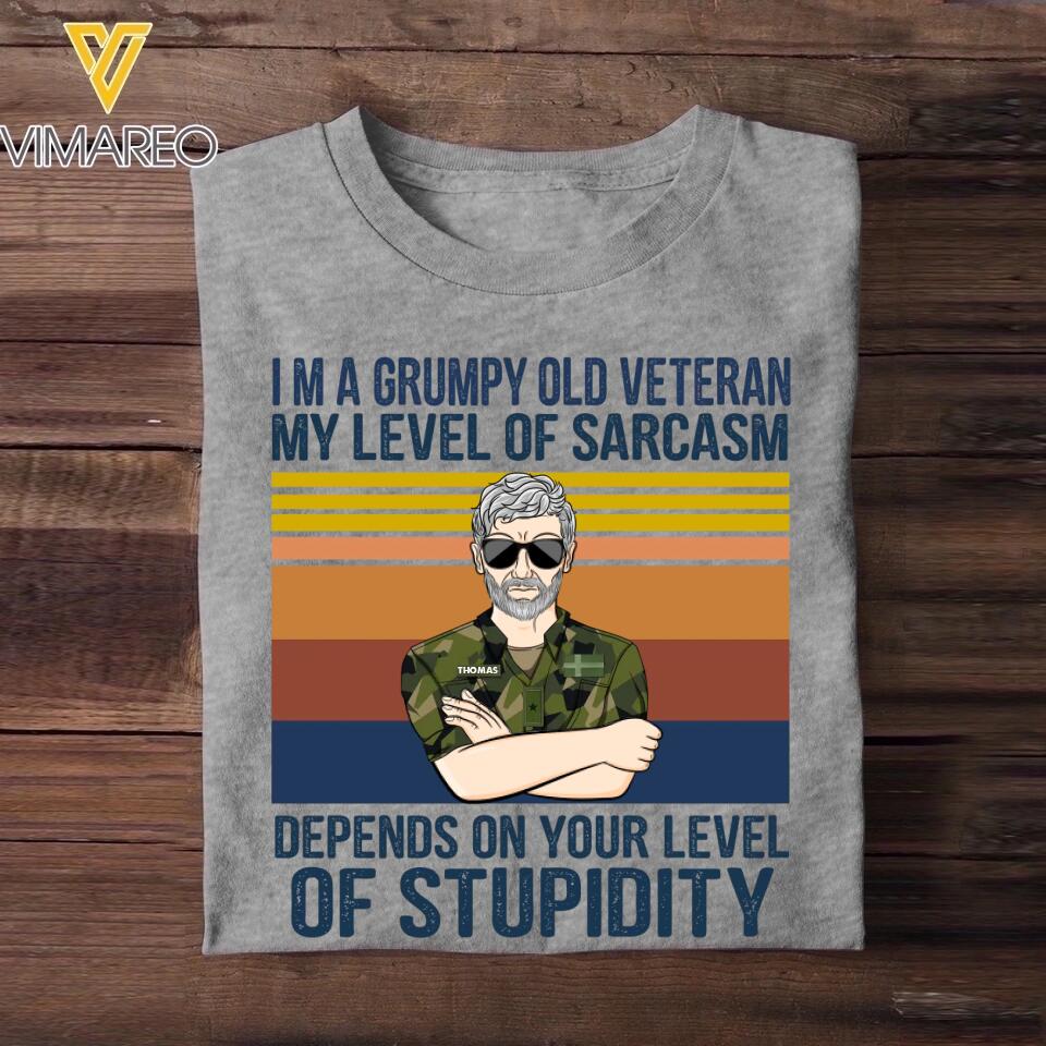 Personalized I'm A Sweden Grumpy Old Veteran My Level Of Sarcasm Depends On Your Level Of Stupidity Camo Uniform Tshirt Printed 22OCT-HY19