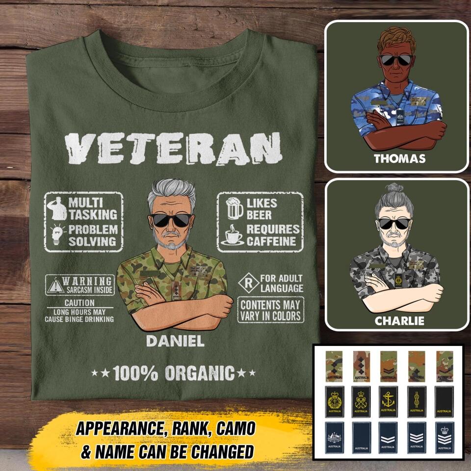 Personalized Australian Veteran 100% Organic With Rank Name And Camo Uniform Tshirt Printed 22OCT-HY19
