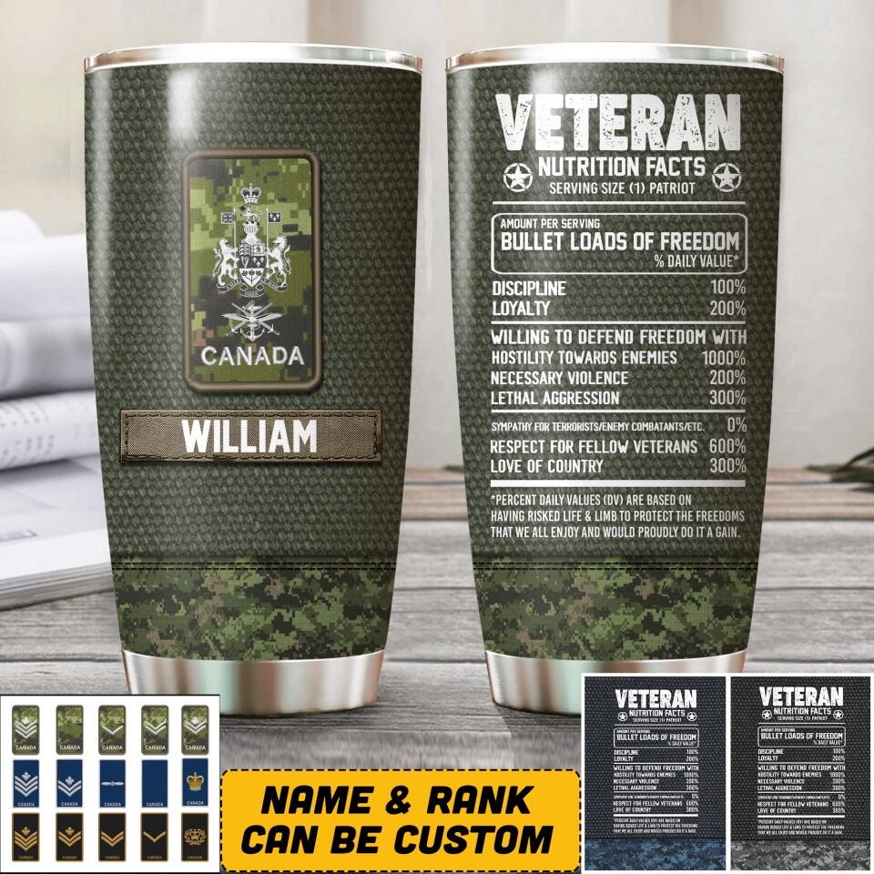 Personalized Canadian Veteran Nutrition Facts Serving Size 1 Patriot Tumbler Printed QTHQ2010