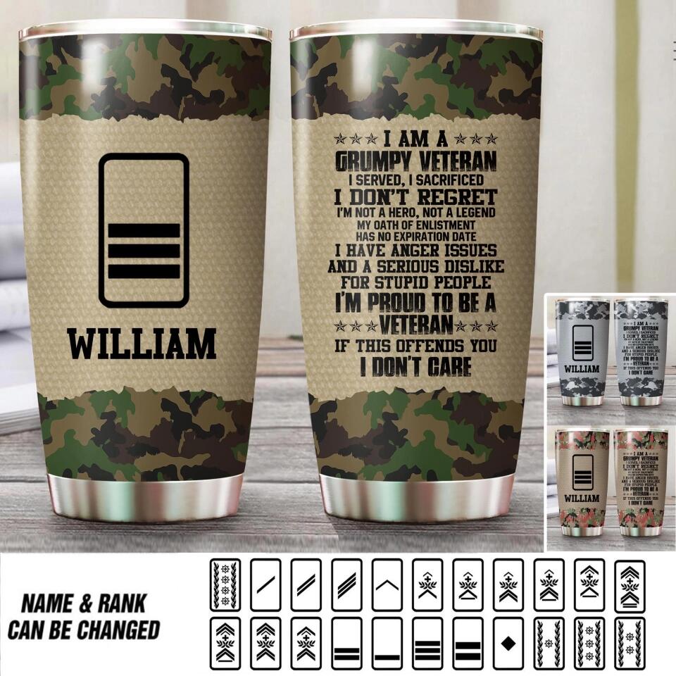 Personalized I Am A Swiss Grumpy Veteran Nam Rank With Camo Tumbler Printed 22OCT-HQ21