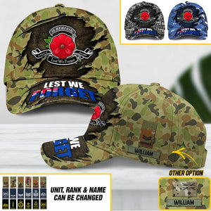 Personalized Australian Veteran/ Solider Lest We Forget Camo Rank Peaked Cap 3D Printed QTDT2710