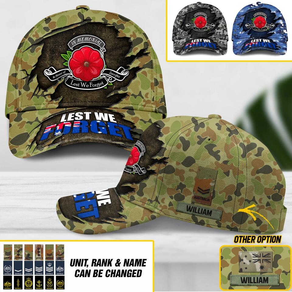 Personalized Australian Veteran/ Solider Lest We Forget Camo Rank Peaked Cap 3D Printed QTDT2710