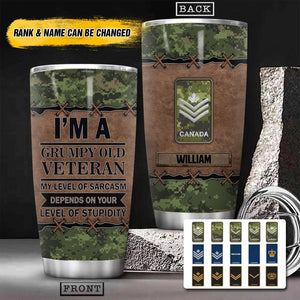 Personalized I'm A Canadian Grumpy Old Veteran My Level Of Sarcasm Depends On Your Level Of Stupidity Rank Camo Tumbler Printed OCT22-HY29