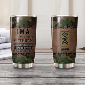 Personalized I'm A Swiss Grumpy Old Veteran My Level Of Sarcasm Depends On Your Level Of Stupidity Rank Camo Tumbler Printed OCT22-HY29