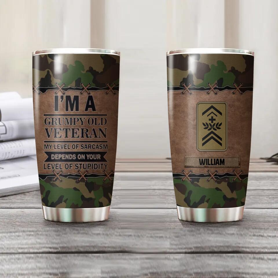 Personalized I'm A Swiss Grumpy Old Veteran My Level Of Sarcasm Depends On Your Level Of Stupidity Rank Camo Tumbler Printed OCT22-HY29