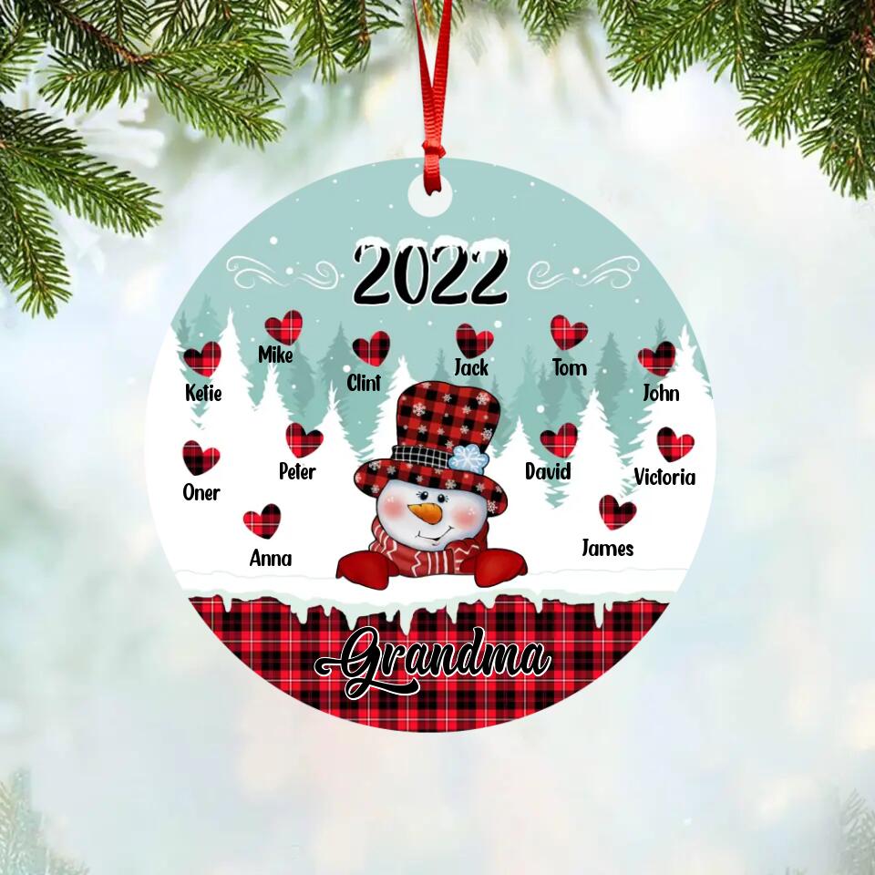 Personalized  Grandma Kid Name Snowman Heart Christmas Acrylic/Plastic Ornament Printed 22NOV-HY01