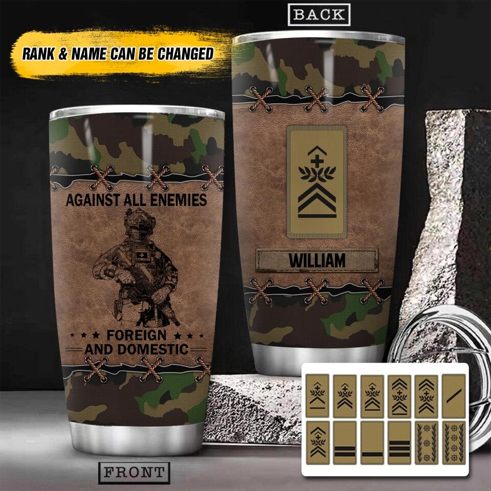 Personalized Against All Enemies Foreign and Domestic Swiss Veteran Rank Camo Tumbler Printed 22NOV-HY02