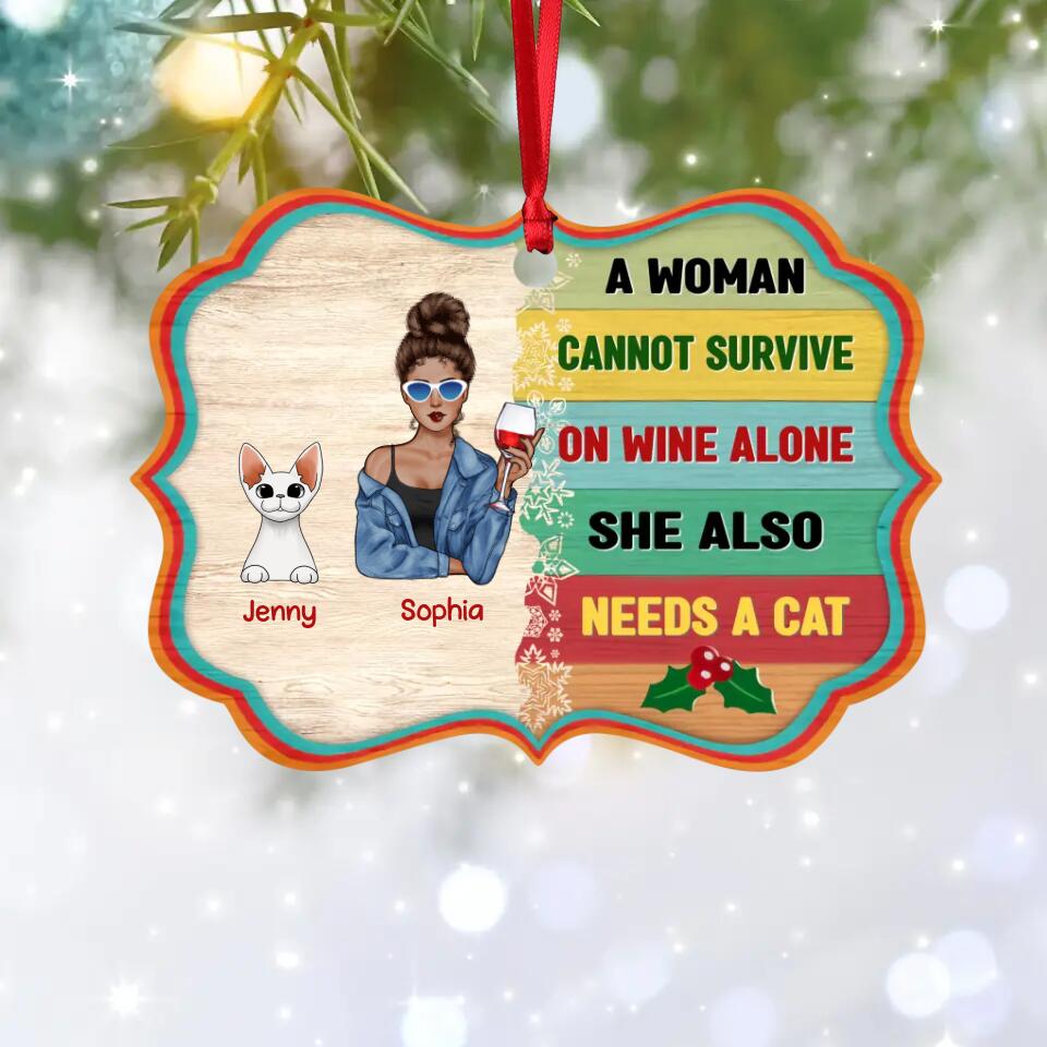 Personalized A Woman Can Not Survive On Wine She Also Needs Cats Christmas Wood Ornament Printed QTVQ0411