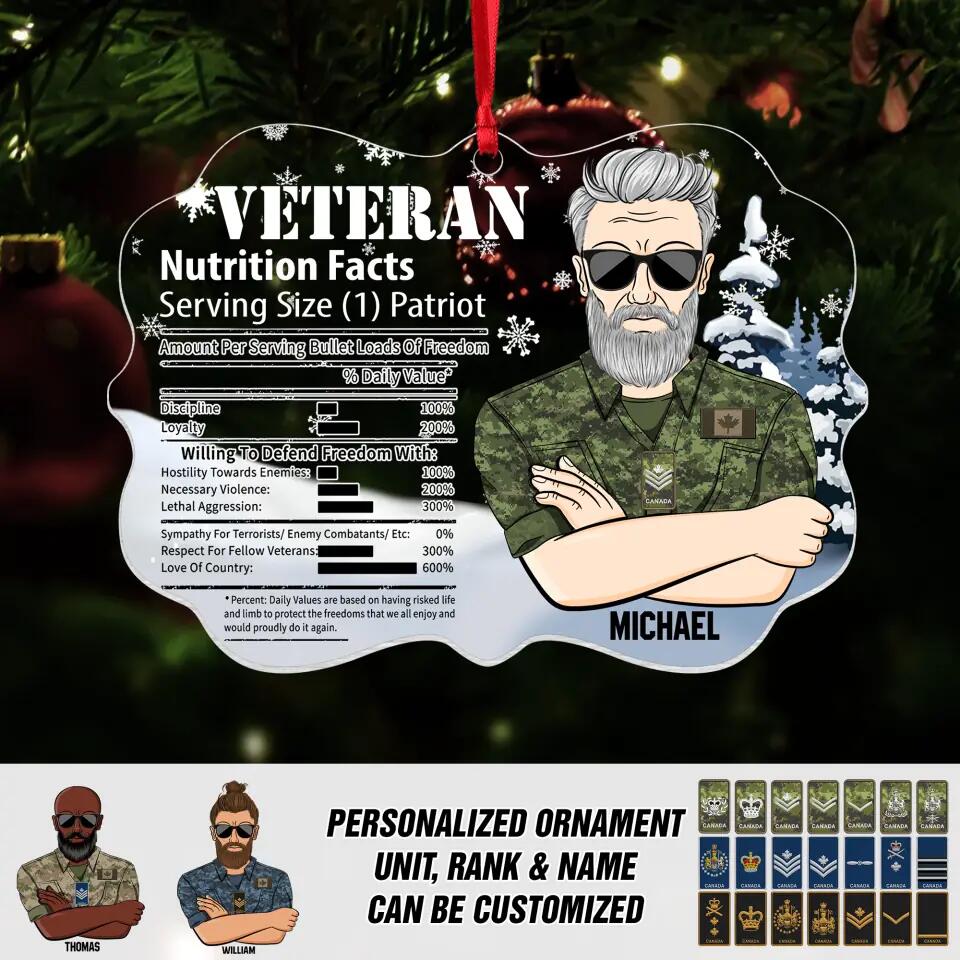 Personalized Canadian Veteran Nutrition Facts Christmas Acrylic/Plastic Ornament Printed 22NOV-DT11