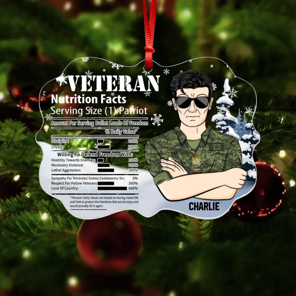 Personalized Canadian Veteran Nutrition Facts Christmas Acrylic/Plastic Ornament Printed 22NOV-DT11