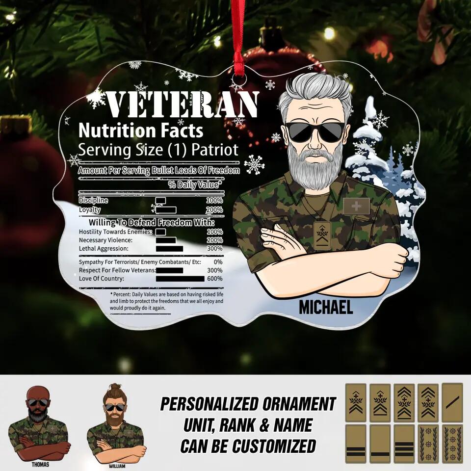 Personalized Swiss Veteran Nutrition Facts Christmas Acrylic/Plastic Ornament Printed 22NOV-DT11