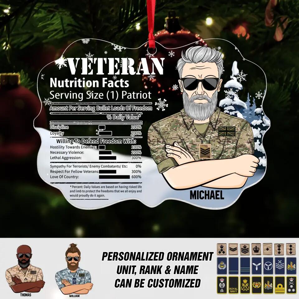 Personalized UK Veteran Nutrition Facts Christmas Acrylic/Plastic Ornament Printed 22NOV-DT11