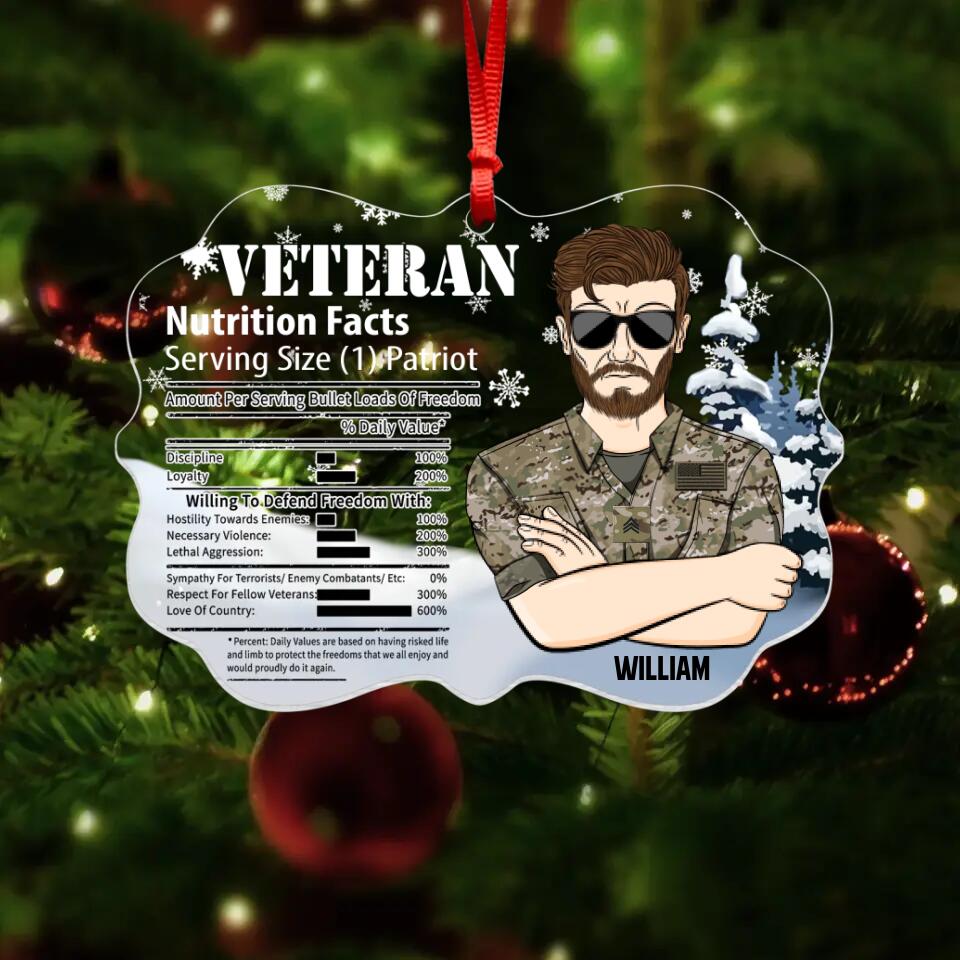 Personalized US Veteran Nutrition Facts Christmas Acrylic/Plastic Ornament Printed 22NOV-DT11