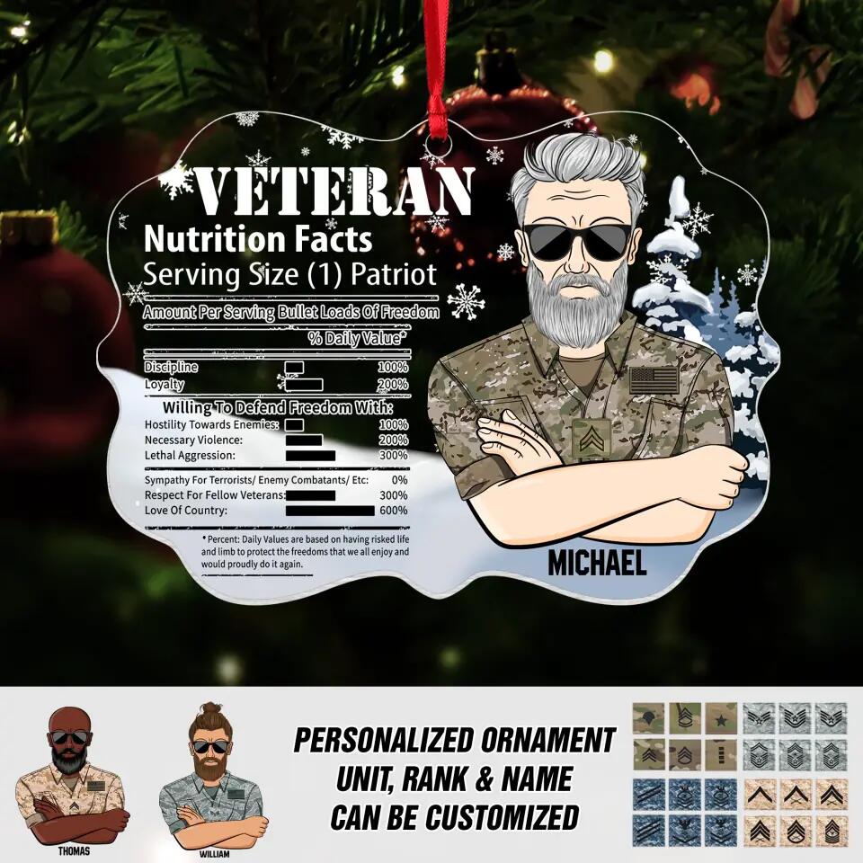 Personalized US Veteran Nutrition Facts Christmas Acrylic/Plastic Ornament Printed 22NOV-DT11