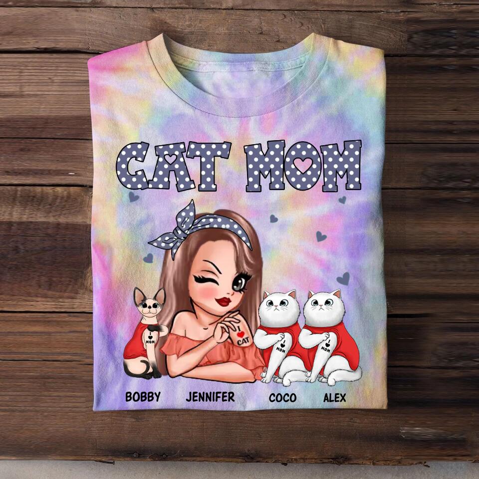 Personalized Cat Mom I Love Cat  Printed Tie Dye Tshirts 22NOV-DT16