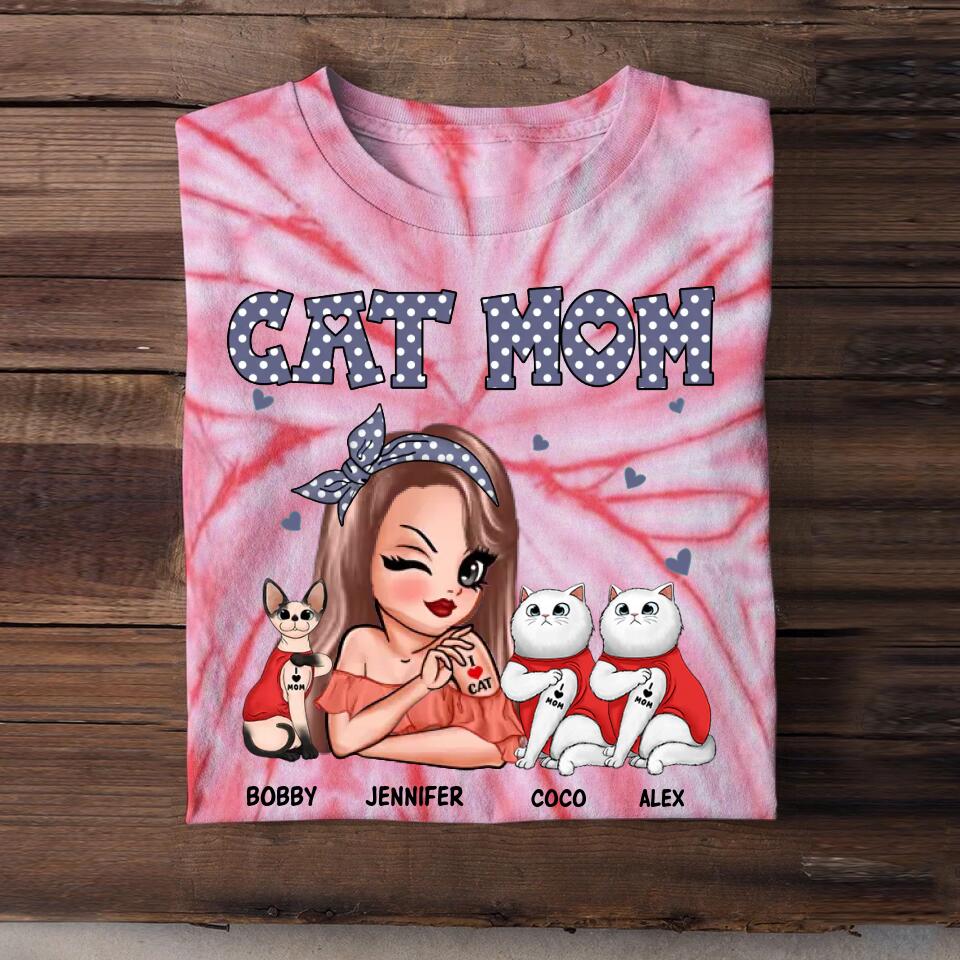 Personalized Cat Mom I Love Cat  Printed Tie Dye Tshirts 22NOV-DT16