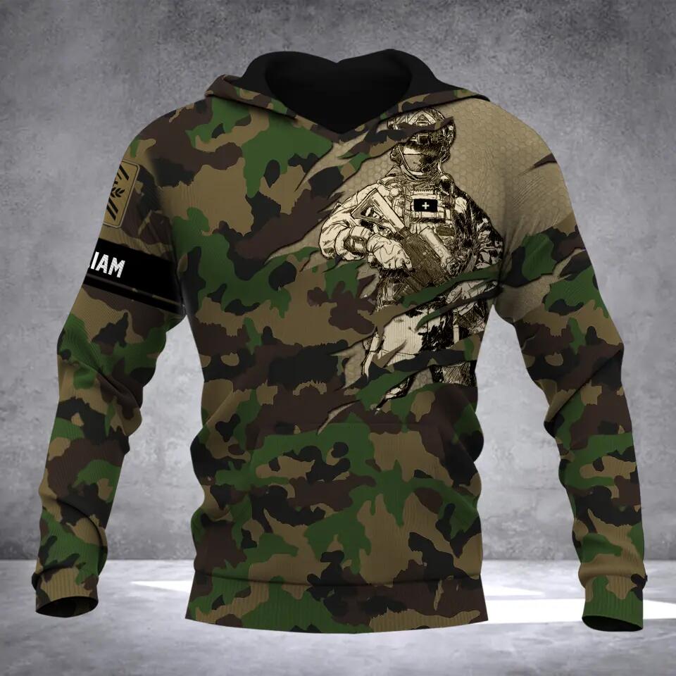 Personalized Swiss Solider/ Veteran Camo With Name and Rank Hoodie 3D Printed QTDT1811