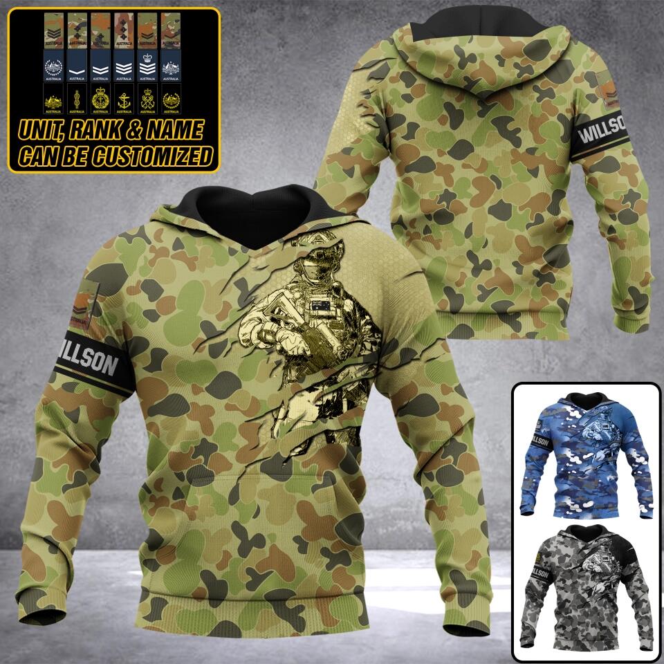 Personalized Australian Solider/ Veteran Camo With Name and Rank Hoodie 3D Printed QTDT2111
