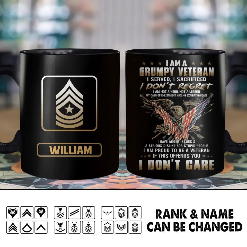 Personalized I am A Grumpy US Veteran Rank Black Mug 22NOV-HY22