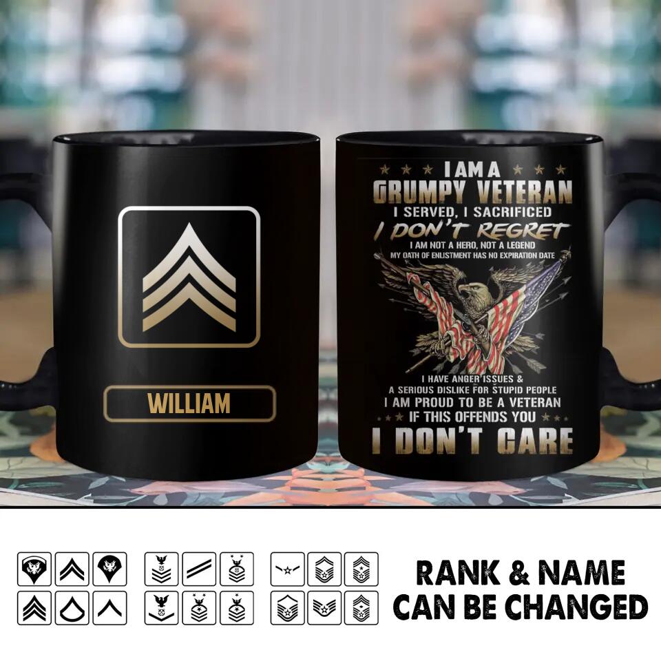 Personalized I am A Grumpy US Veteran Rank Black Mug 22NOV-HY22
