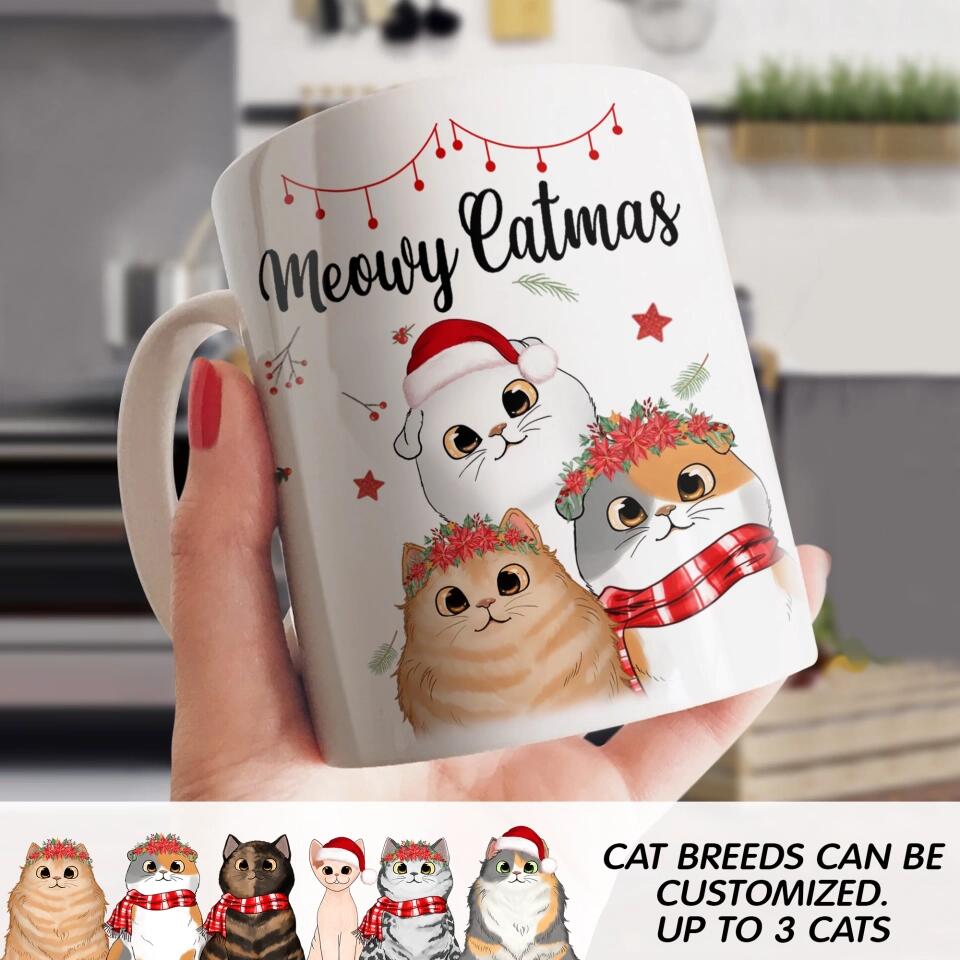 Personalized Meowy Catmas Cute Peeking Fluffy Cat Christmas Mug Printed 22NOV-DT22