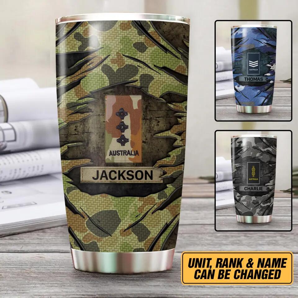 Personalized Australian Veteran/Soldier Rank Tear Camo Tumbler Printed 22NOV-HY24