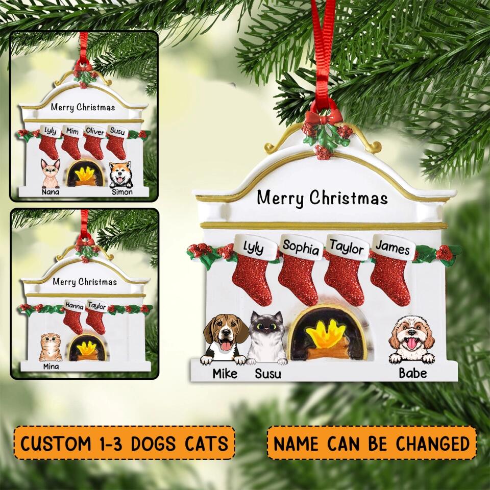 Personalized Merry Christmas Family With Pets Acrylic/Plastic Ornament Printed QTHY3011