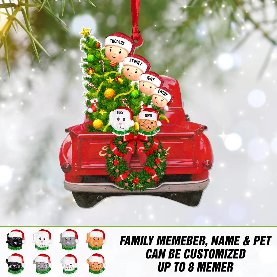 Personalized Red Truck Christmas Tree Family With Pets Acrylic/Plastic Ornament Printed QTDT3011