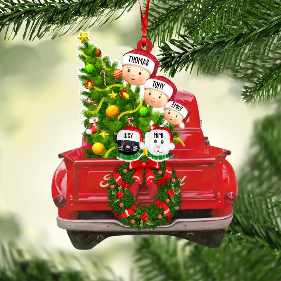 Personalized Red Truck Christmas Tree Family With Pets Acrylic/Plastic Ornament Printed QTDT3011