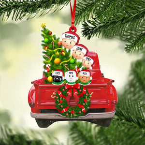 Personalized Red Truck Christmas Tree Family With Pets Acrylic/Plastic Ornament Printed QTDT3011