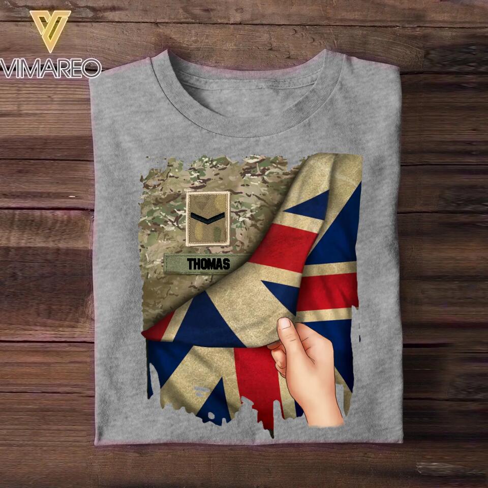 Personalized Hand Holding Flag UK Solider/Veteran Rank Camo Tshirt Printed 22DEC-DT01