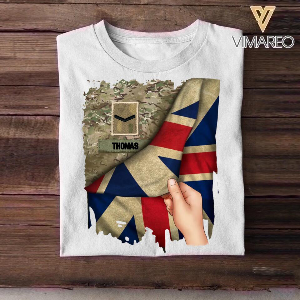 Personalized Hand Holding Flag UK Solider/Veteran Rank Camo Tshirt Printed 22DEC-DT01