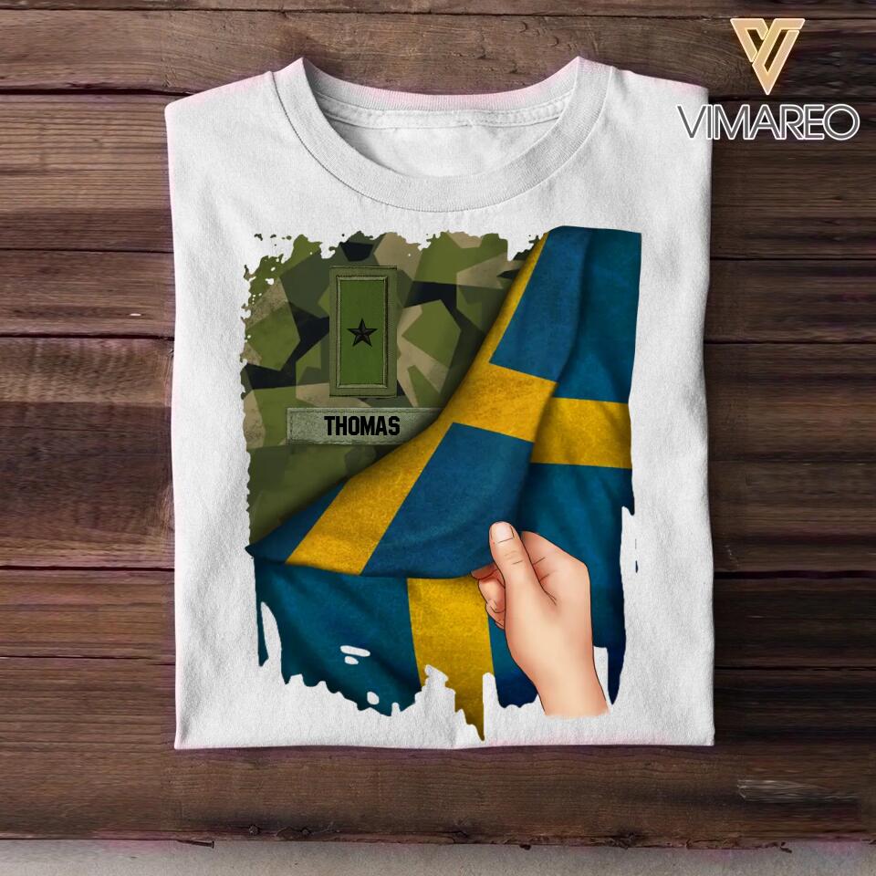 Personalized Hand Holding Flag Sweden Solider/Veteran Rank Camo Tshirt Printed 22DEC-DT01