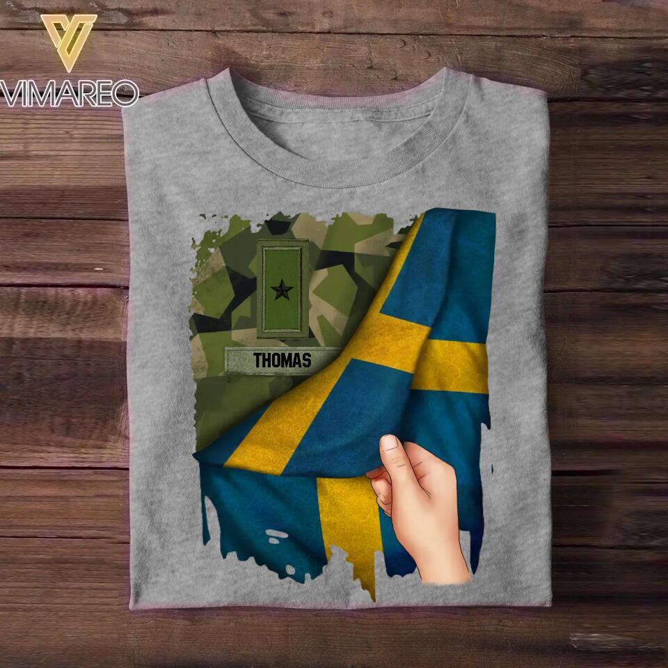 Personalized Hand Holding Flag Sweden Solider/Veteran Rank Camo Tshirt Printed 22DEC-DT01