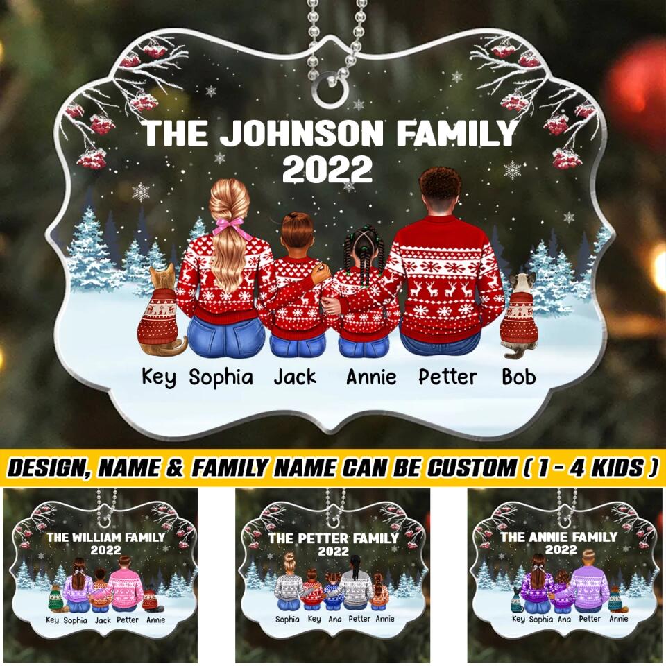 Personalized Family Kid And Cats Christmas Acrylic/Plastic Ornament Printed 22NOV-HQ02