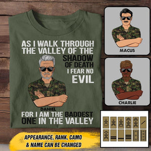 Personalized As I Walk Through The Valley of The Shadow of Death I Fear No Evil For I am The Baddest One In The Valley Swiss Solider/Veteran Rank Camo Tshirt Printed 22DEC-HY05