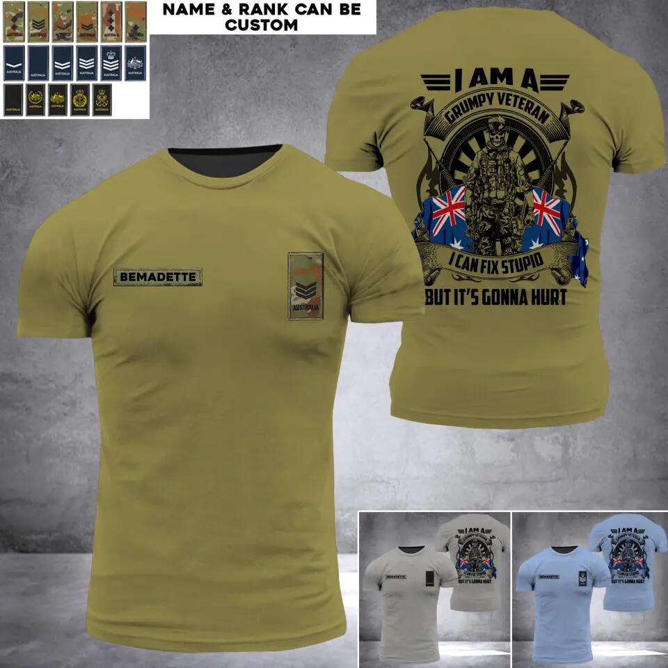 Personalized I Am An Australian Grumpy Veteran I Can Fix Stupid Rank Flag 3D Printed Tshirt QTHQ0512